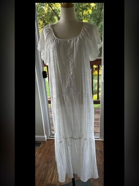 Kate & Sam Women's White Maxi Dress, 100% Cotton  Lined Short Sleeves, Medium